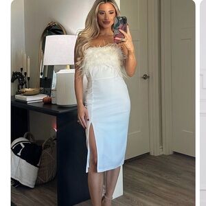 NWT White Strapless Feather Midi Dress